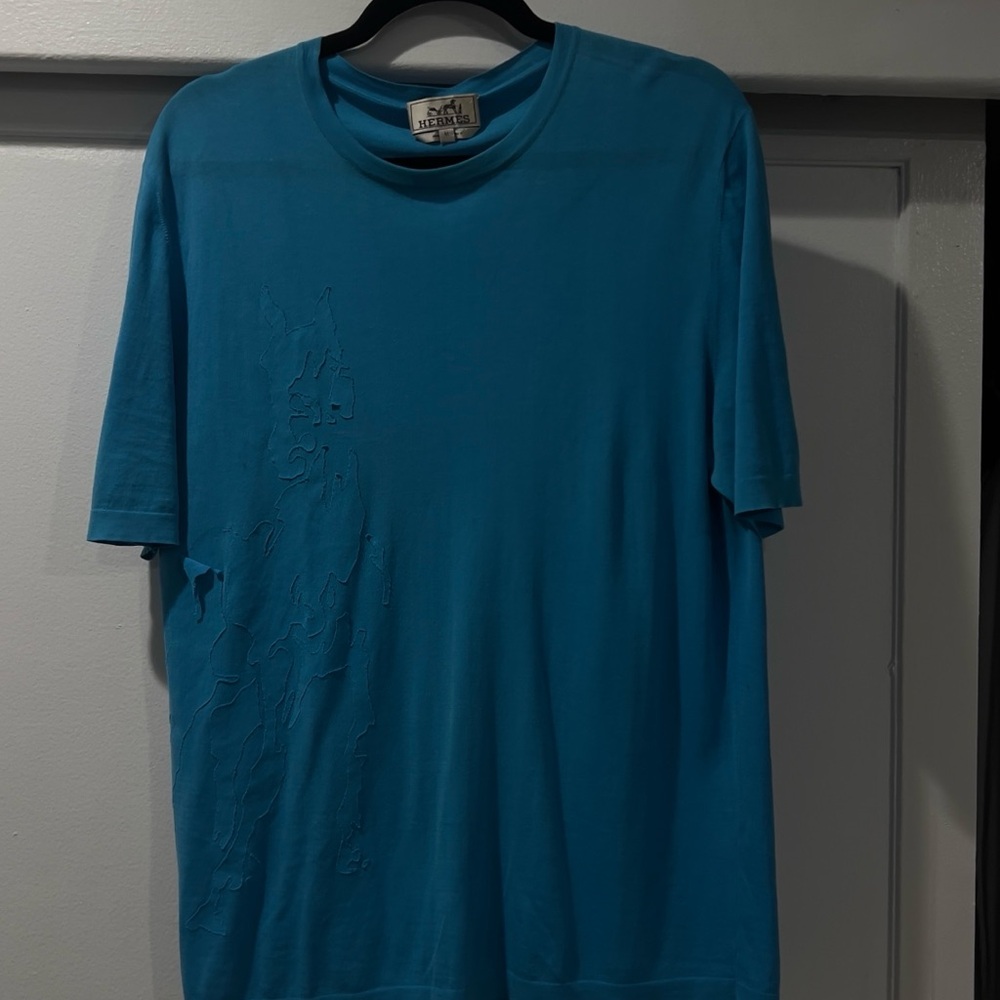 HERMES turquoise Tiffany blue t shirt with appliqué horse design men’s medium - Picture 3 of 8